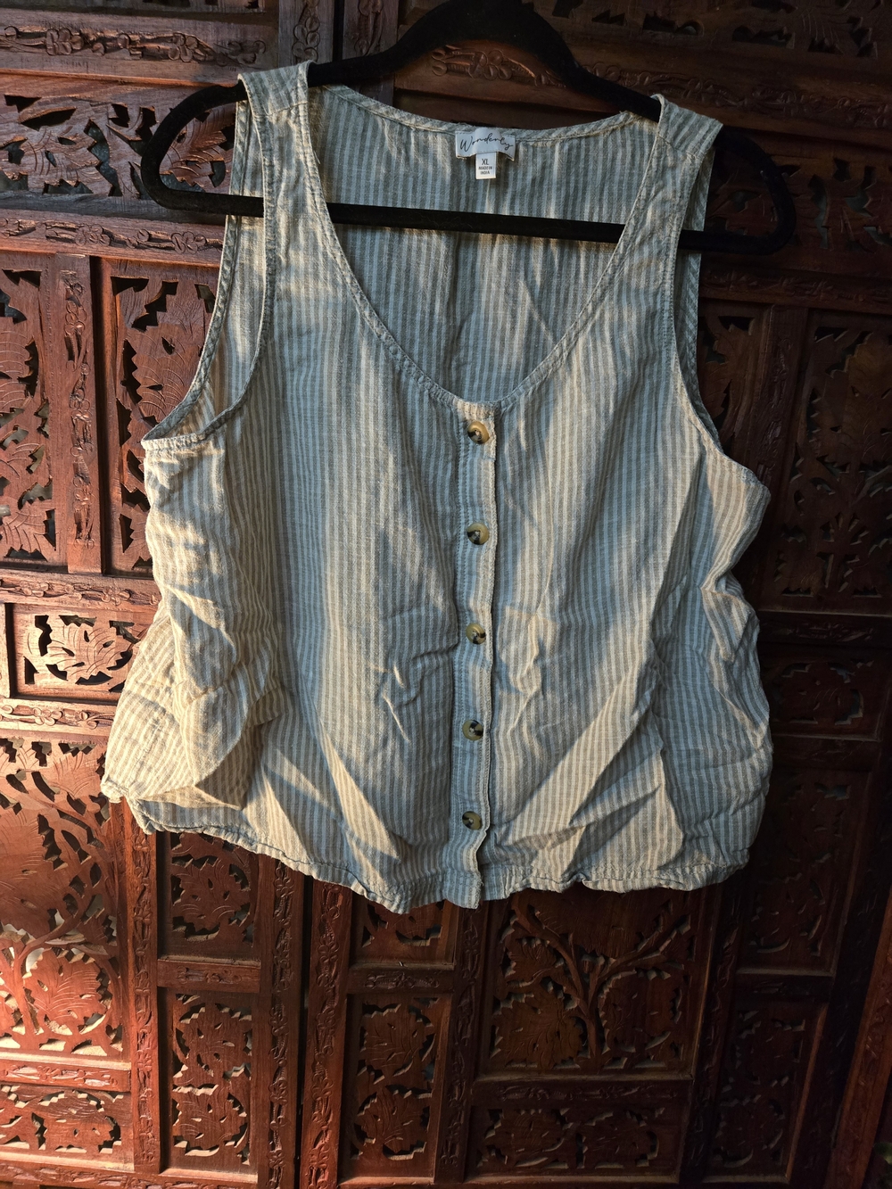 Sage & White Striped Sleeveless Button-Front Tank Top